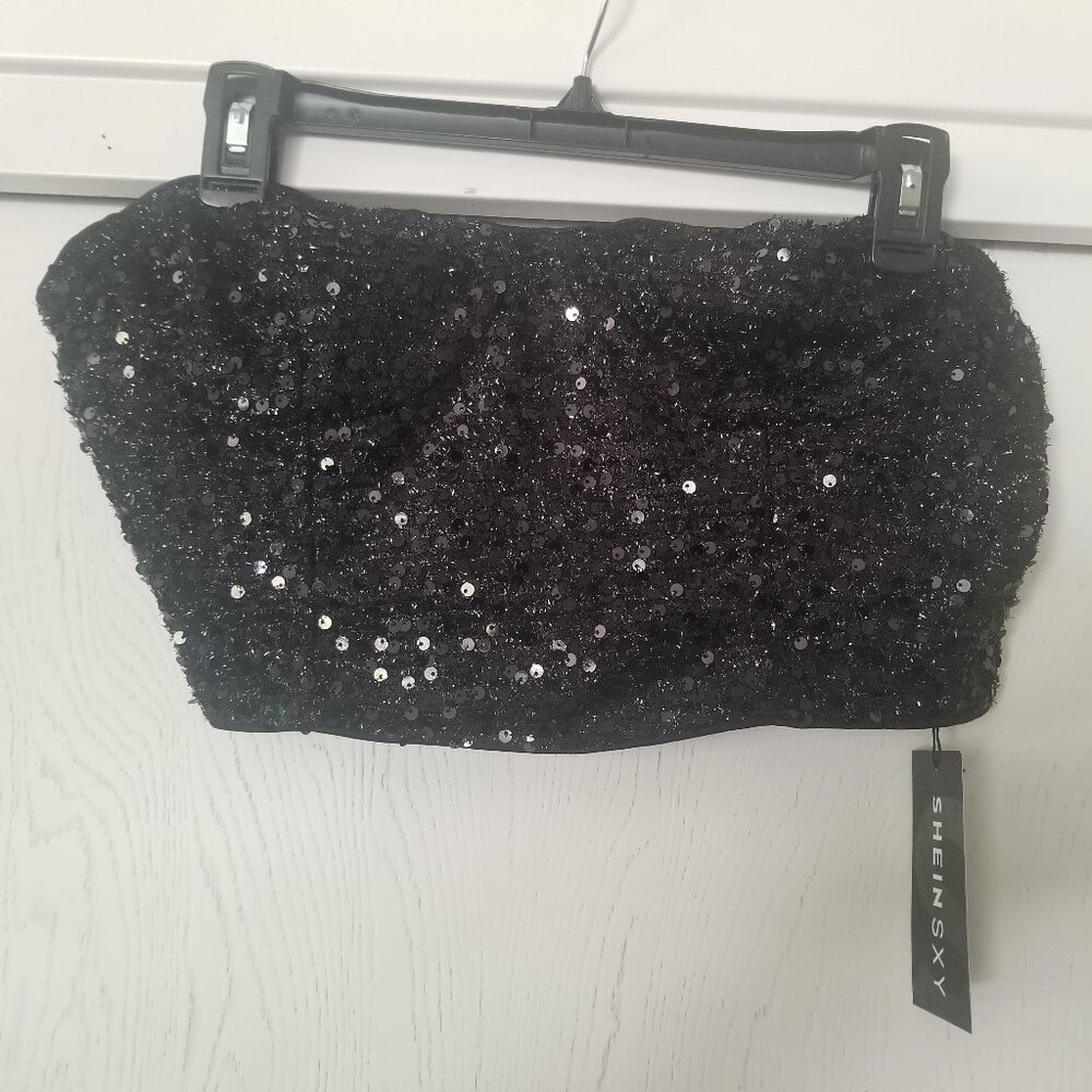 NWT Shein SXY XL Black Sequin Tube Top Zip Back Strapless